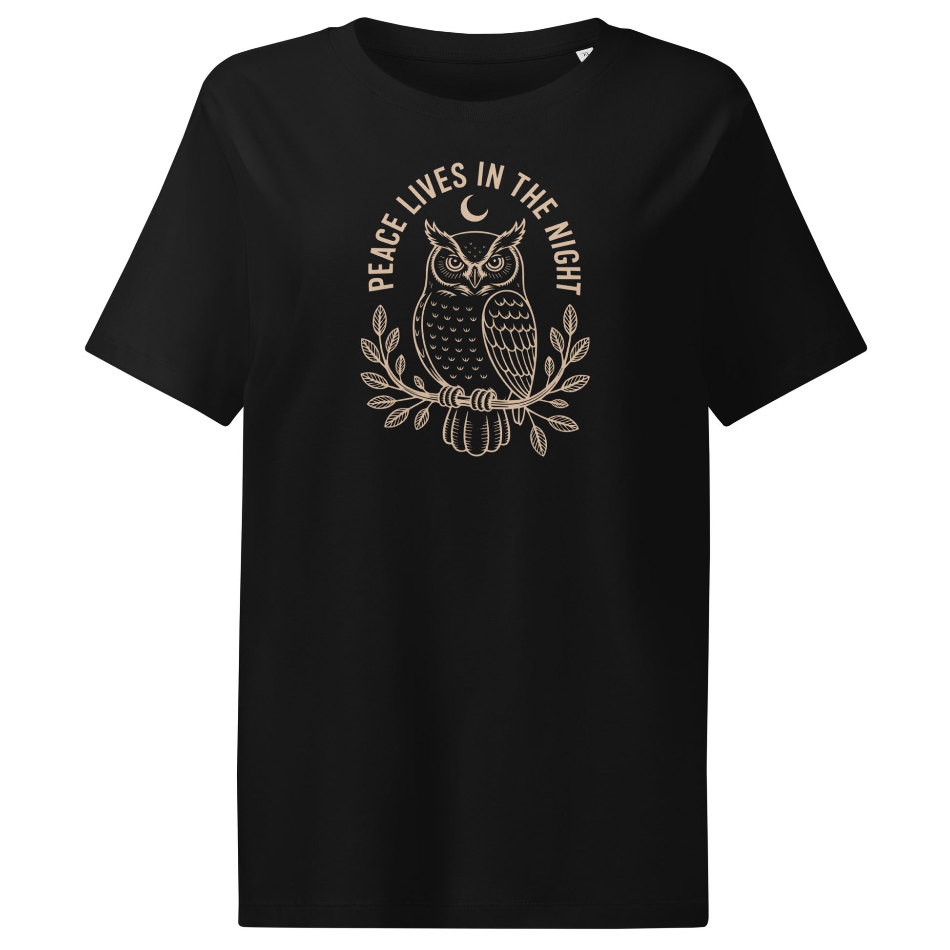 Women’s Organic Ribbed Neck T-Shirt: 'Peace in the Night' in Fall | Sustainable Owl Fashion USA Dudeily