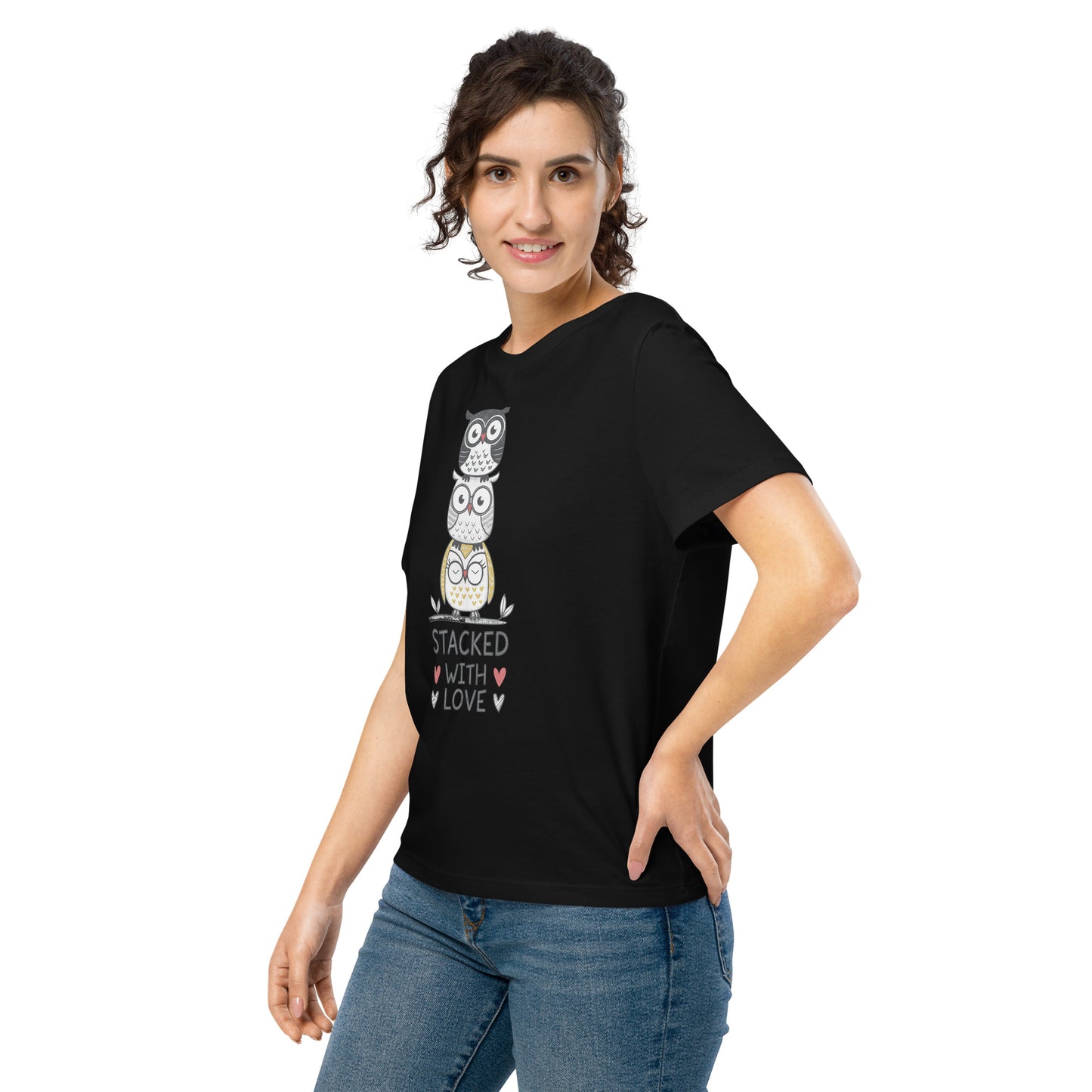 Women’s Organic Ribbed Neck T-Shirt: Stacked with Love | Owl-Themed Sustainable Fashion USA by Dudeily Dudeily