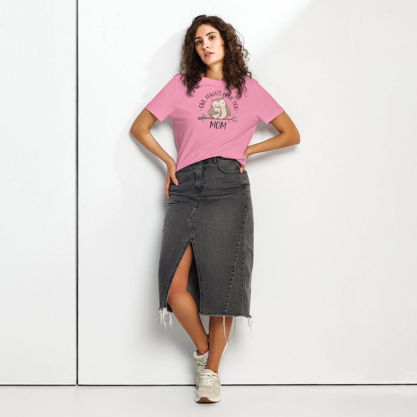 Women’s Organic Ribbed Neck T-Shirt – Owl Design Eco Tee Bubble Pink Dudeily