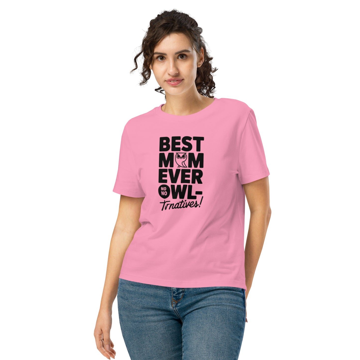 Women’s Organic Ribbed Neck T-Shirt – Owl Themed Eco-Friendly Tee for Nature & Animal Lovers Bubble Pink Dudeily