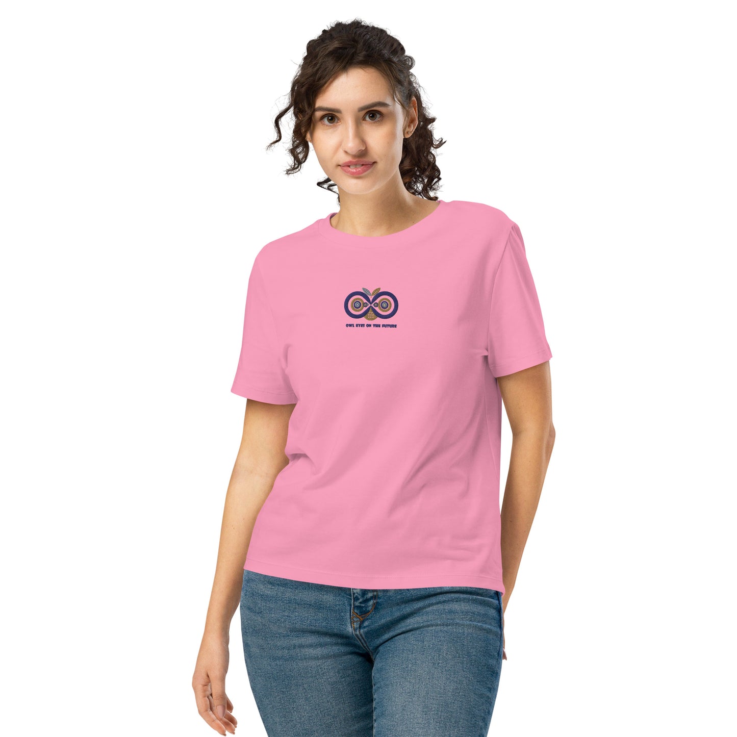 Embroidered Women’s Organic Ribbed Neck T-Shirt – Owl Eyes on the Future | Owl-Themed Sustainable Fashion USA Bubble Pink Dudeily
