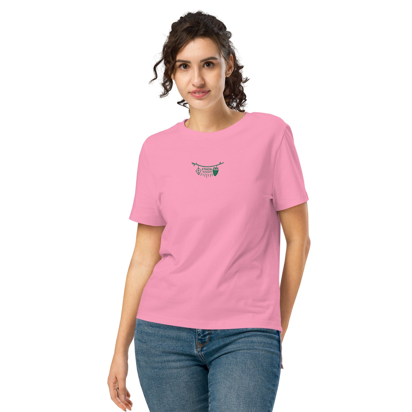Women’s Organic Ribbed Neck T-Shirt: Ethical by Nature | Owl Embroidered Sustainable Fashion USA Bubble Pink Dudeily