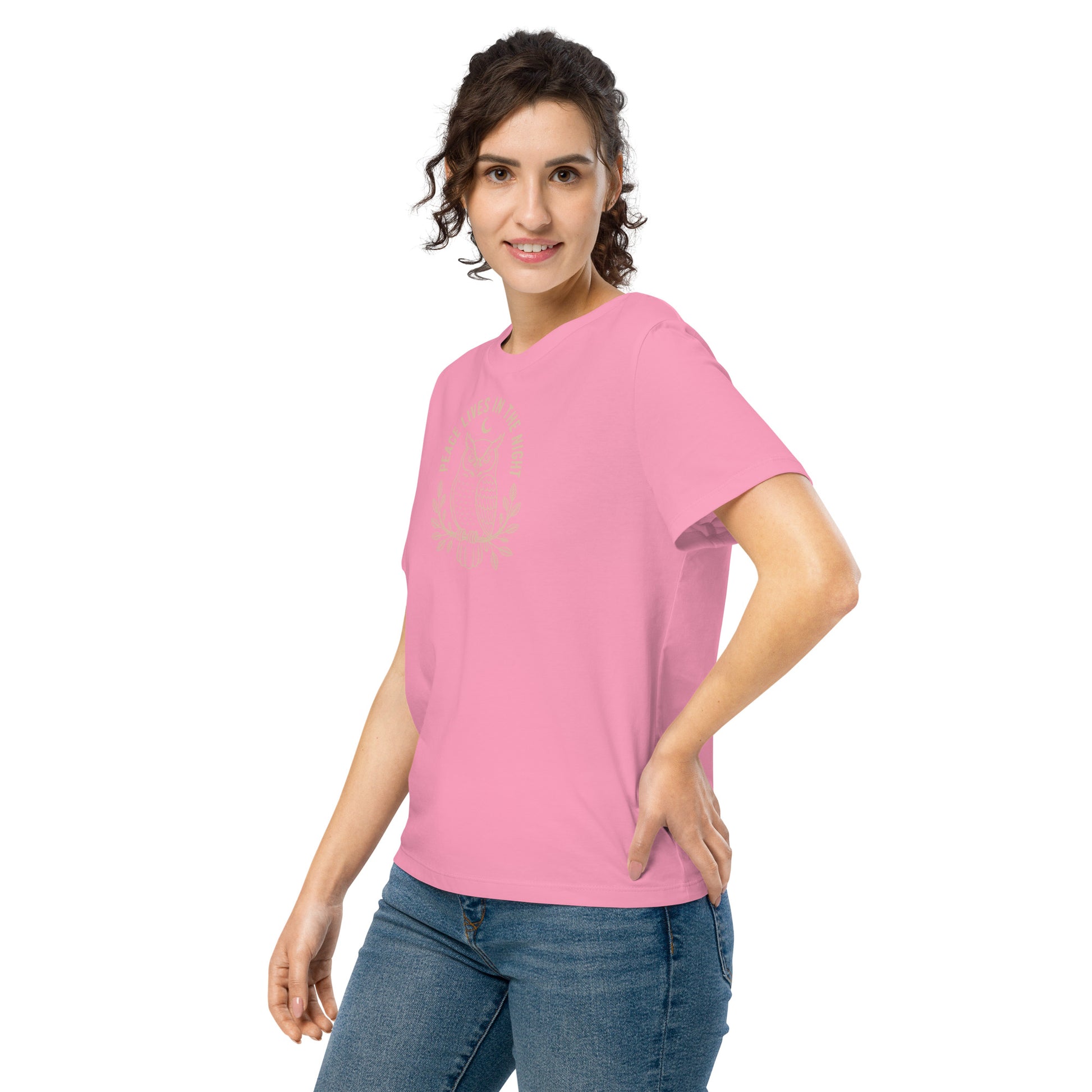 Women’s Organic Ribbed Neck T-Shirt: 'Peace in the Night' in Fall | Sustainable Owl Fashion USA Dudeily