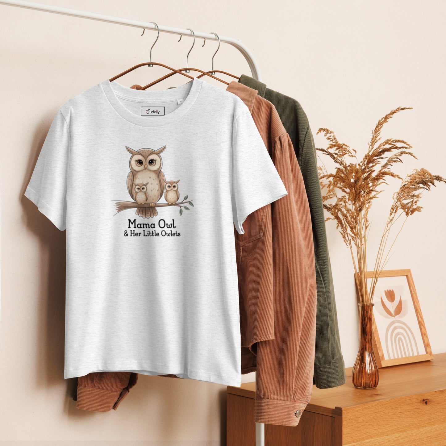 Women’s Organic Ribbed Neck T-Shirt – Sustainable Owl-Inspired Style by Dudeily Dudeily