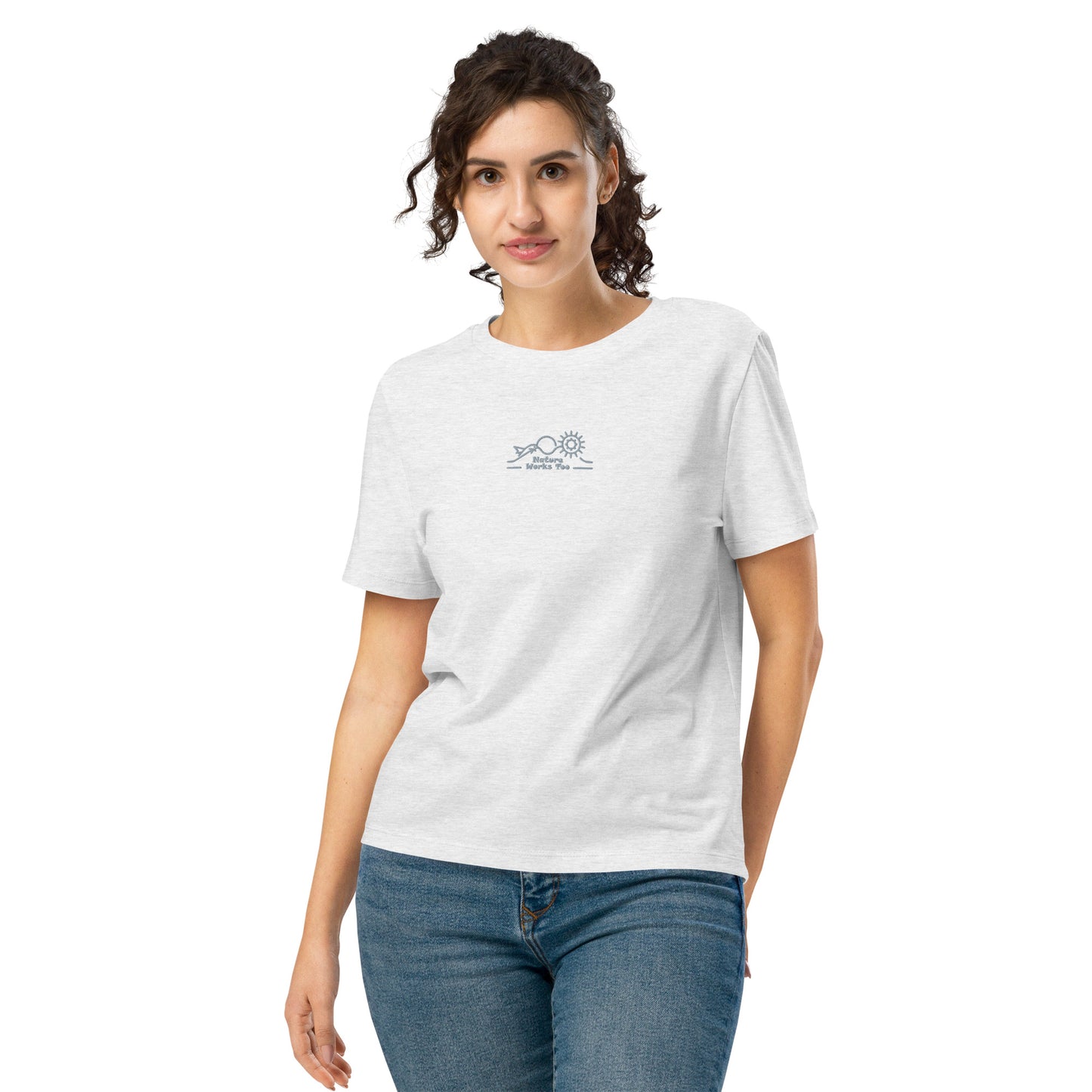 Women’s Organic Ribbed Neck T-Shirt: Nature Works Too | Owl Embroidered Sustainable Fashion USA Cool Heather Grey Dudeily