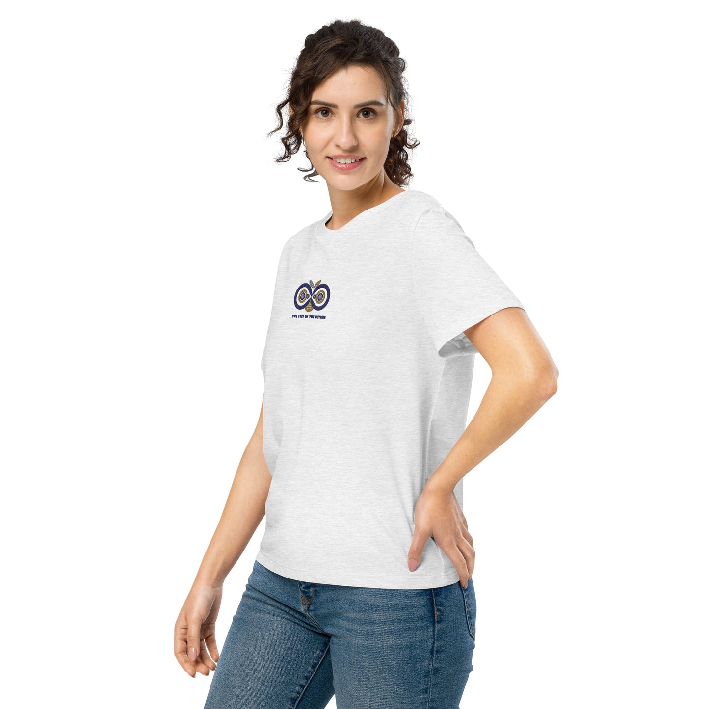 Embroidered Women’s Organic Ribbed Neck T-Shirt – Owl Eyes on the Future | Owl-Themed Sustainable Fashion USA Dudeily