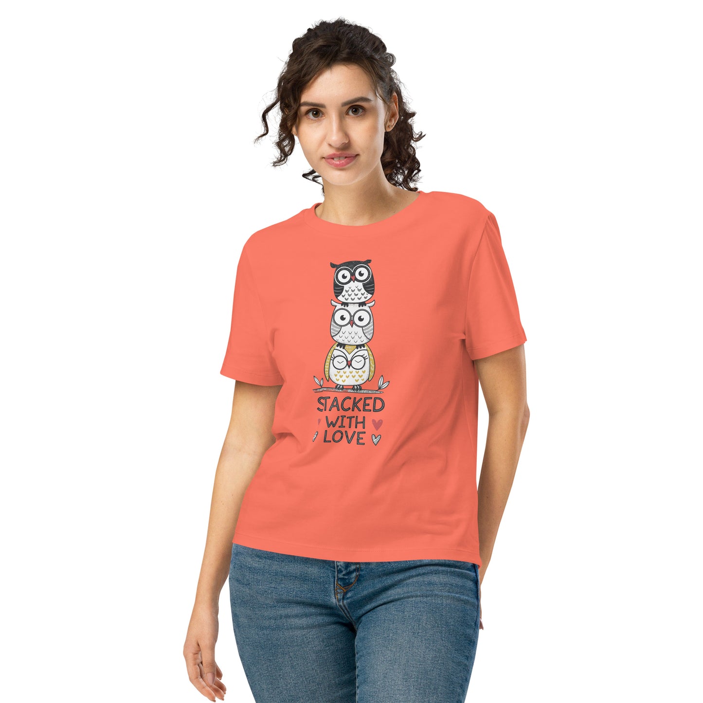 Women’s Organic Ribbed Neck T-Shirt: Stacked with Love | Owl-Themed Sustainable Fashion USA by Dudeily Fiesta Dudeily