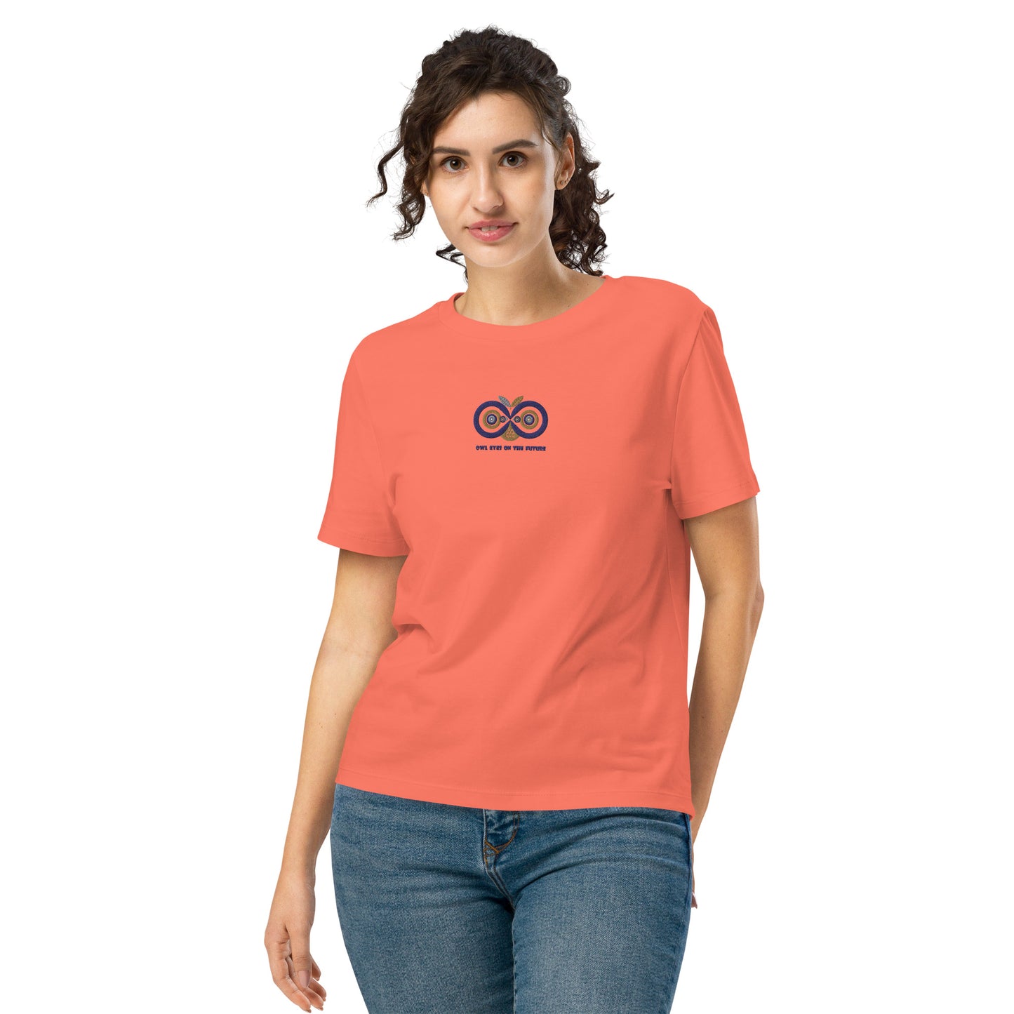 Embroidered Women’s Organic Ribbed Neck T-Shirt – Owl Eyes on the Future | Owl-Themed Sustainable Fashion USA Fiesta Dudeily