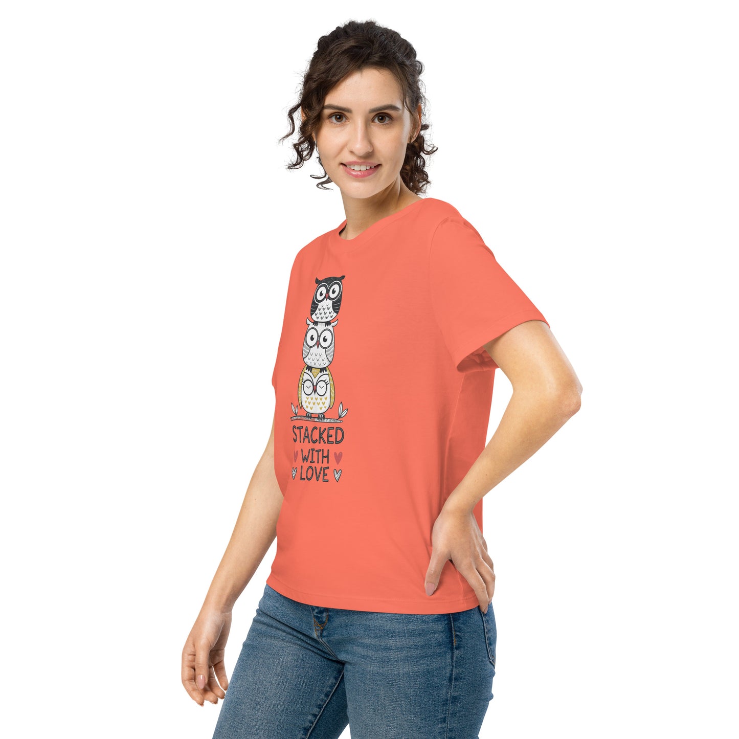 Women’s Organic Ribbed Neck T-Shirt: Stacked with Love | Owl-Themed Sustainable Fashion USA by Dudeily Dudeily