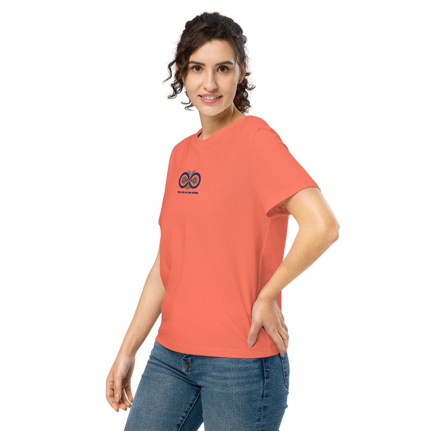 Embroidered Women’s Organic Ribbed Neck T-Shirt – Owl Eyes on the Future | Owl-Themed Sustainable Fashion USA Dudeily
