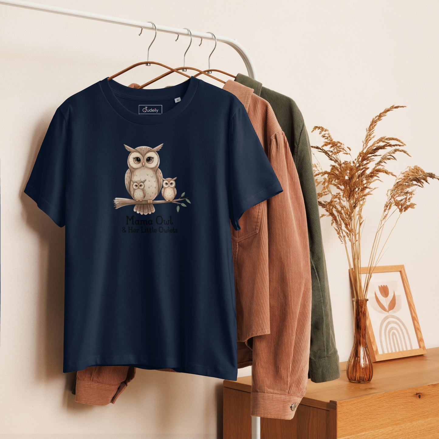 Women’s Organic Ribbed Neck T-Shirt – Sustainable Owl-Inspired Style by Dudeily Dudeily