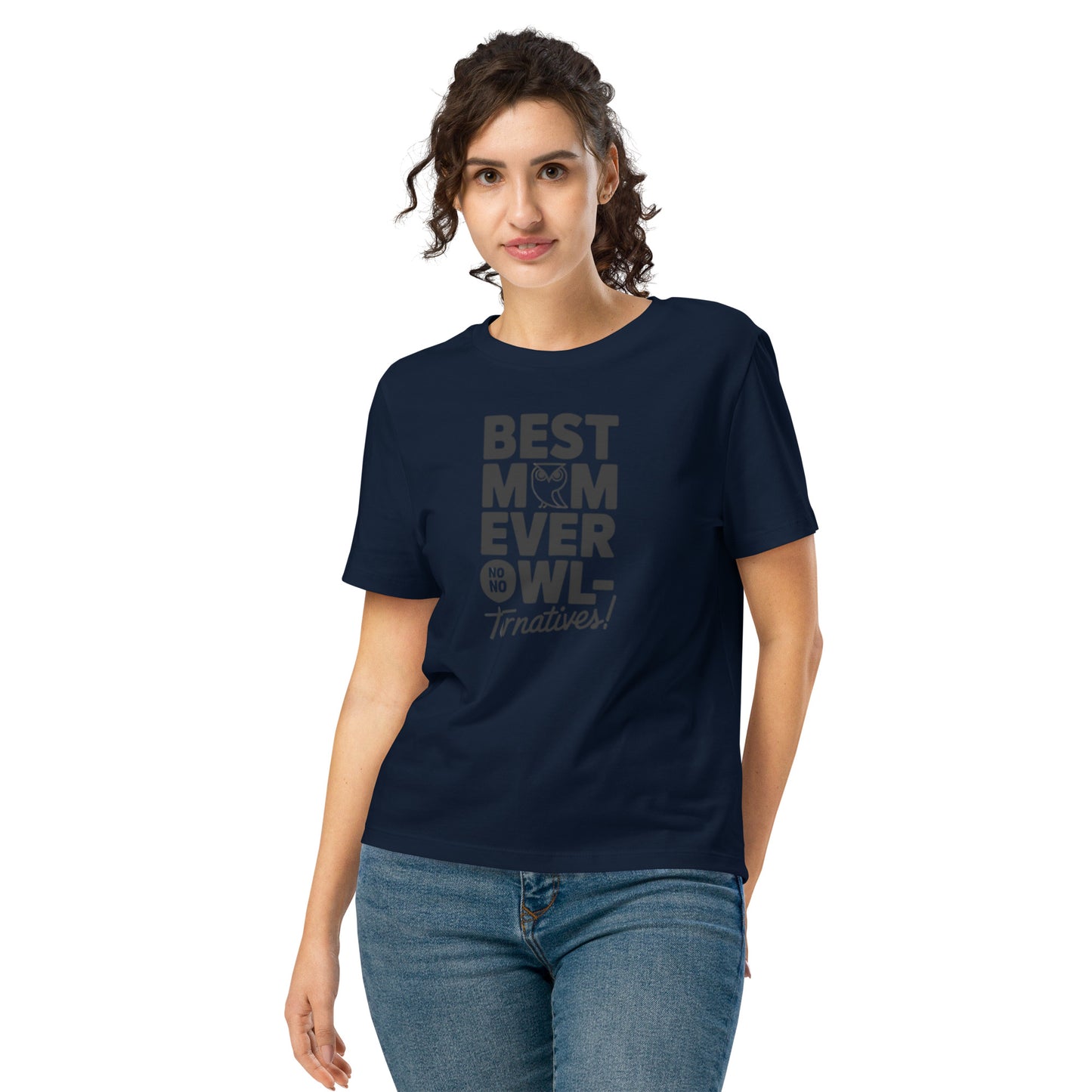 Women’s Organic Ribbed Neck T-Shirt – Owl Themed Eco-Friendly Tee for Nature & Animal Lovers French Navy Dudeily