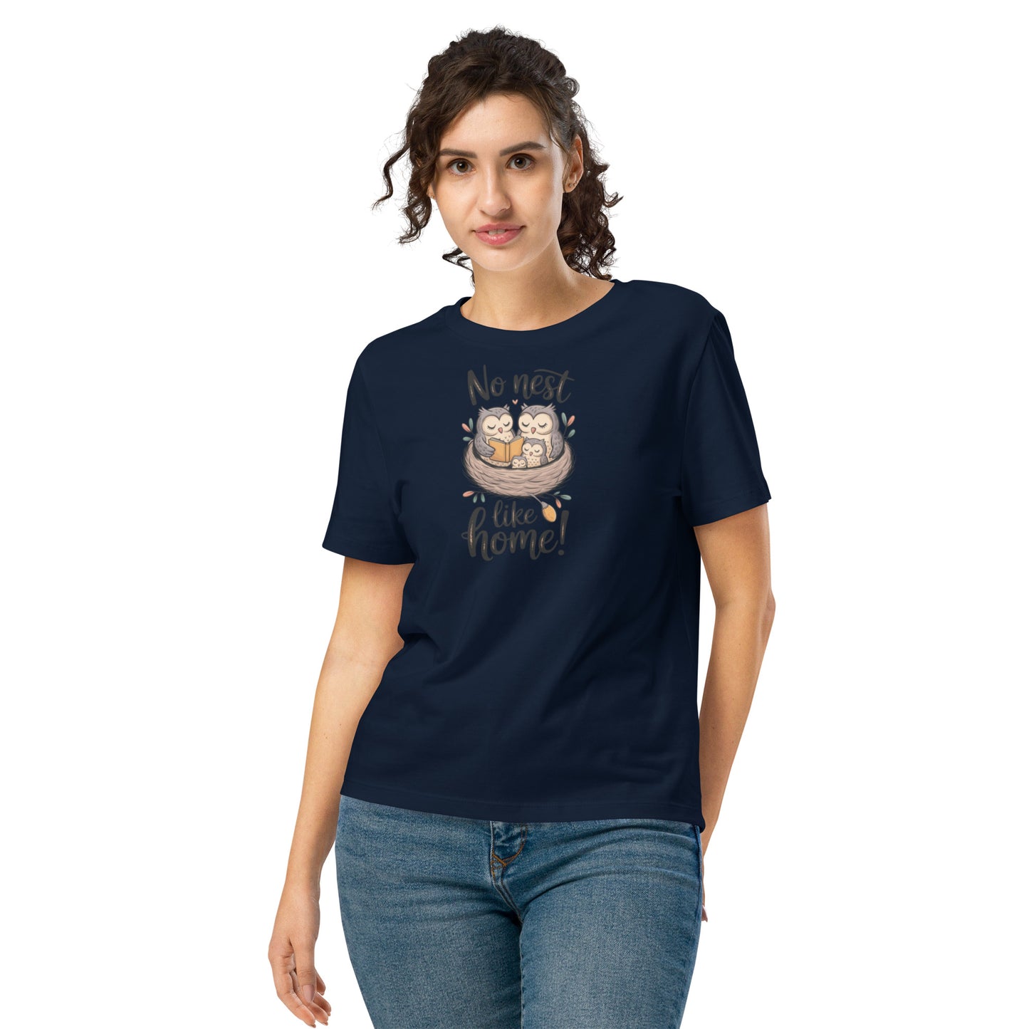 Owl Women’s Organic Ribbed Neck T-Shirt – Elegant, Eco-Friendly Comfort French Navy Dudeily