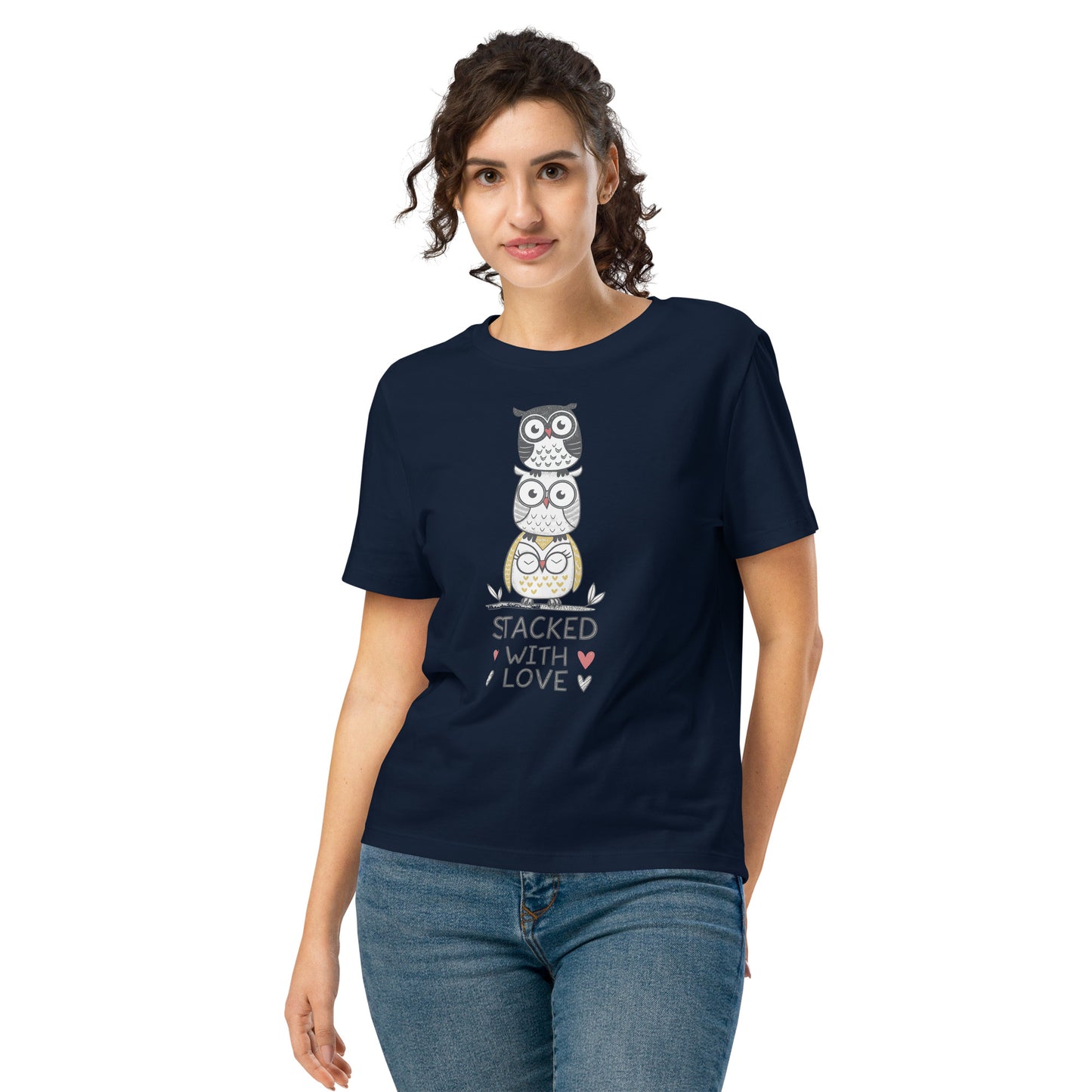 Women’s Organic Ribbed Neck T-Shirt: Stacked with Love | Owl-Themed Sustainable Fashion USA by Dudeily French Navy Dudeily