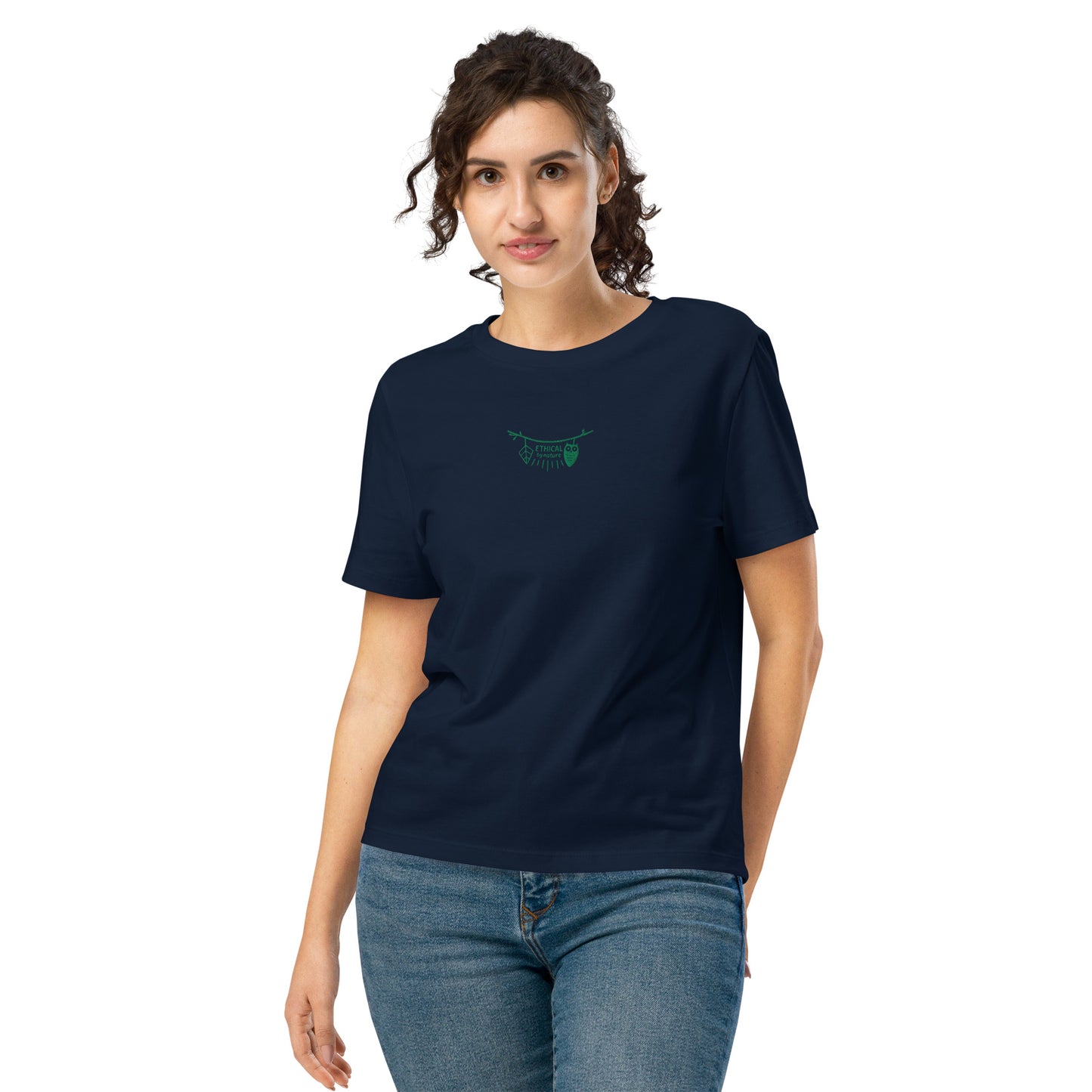 Women’s Organic Ribbed Neck T-Shirt: Ethical by Nature | Owl Embroidered Sustainable Fashion USA French Navy Dudeily