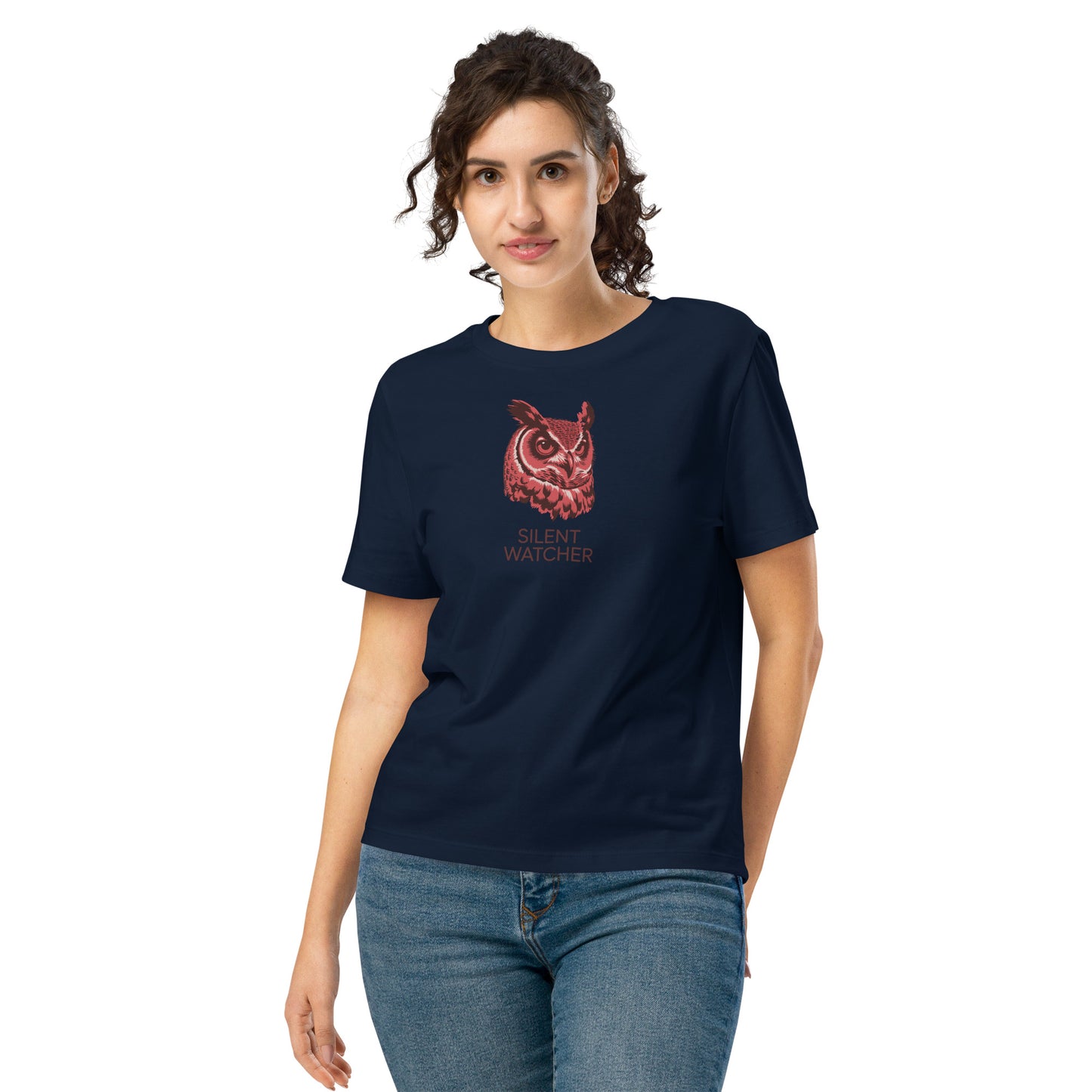 Women’s Organic Ribbed Neck T-Shirt: 'Silent Watcher' | Ethical Owl Clothing USA French Navy Dudeily