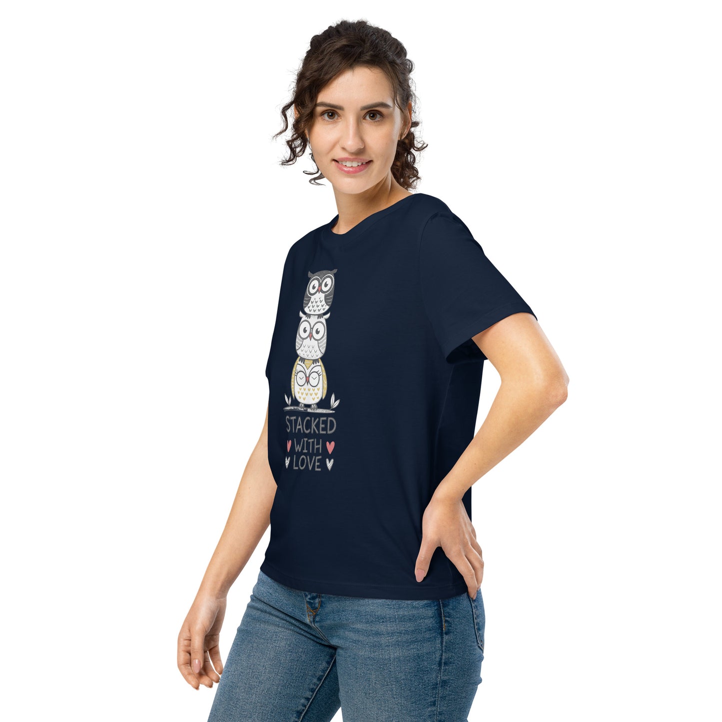 Women’s Organic Ribbed Neck T-Shirt: Stacked with Love | Owl-Themed Sustainable Fashion USA by Dudeily Dudeily