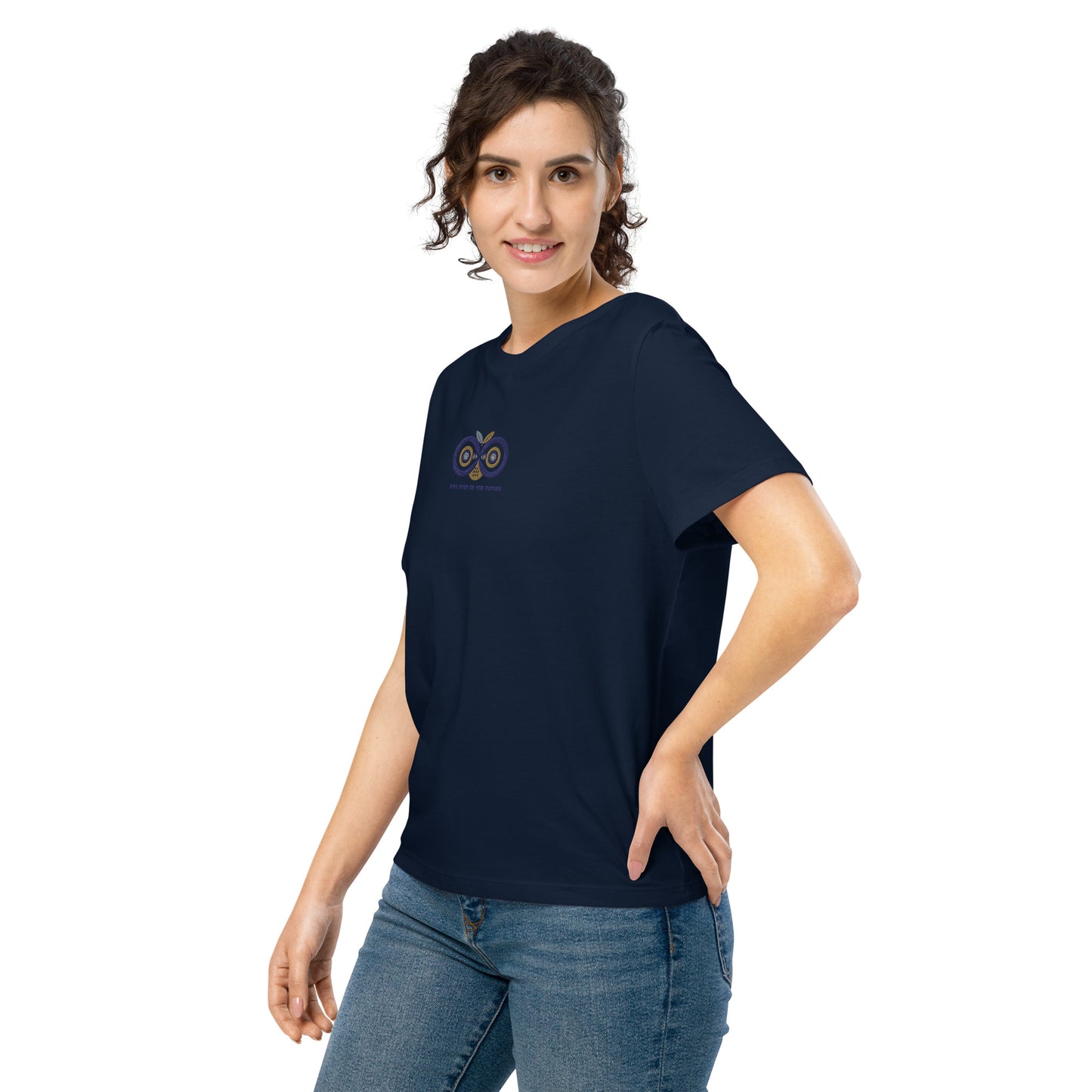 Embroidered Women’s Organic Ribbed Neck T-Shirt – Owl Eyes on the Future | Owl-Themed Sustainable Fashion USA Dudeily