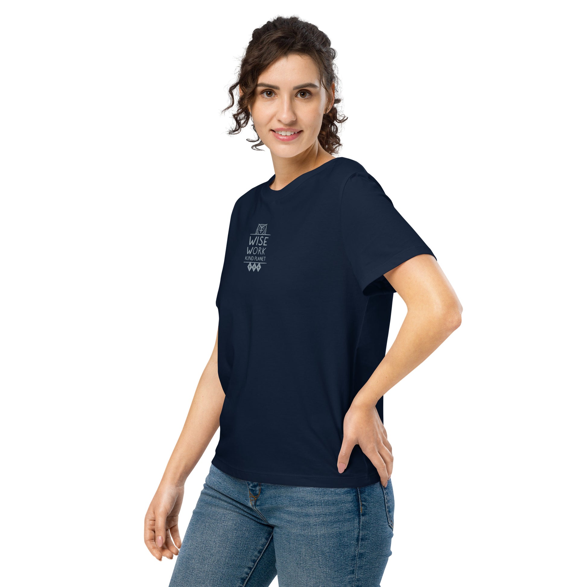 Women’s Organic Ribbed Neck T-Shirt: Wise Work, Kind Planet | Owl Embroidered Sustainable Fashion USA by Dudeily Dudeily