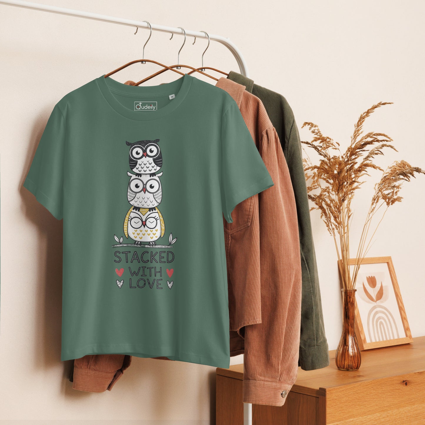 Women’s Organic Ribbed Neck T-Shirt: Stacked with Love | Owl-Themed Sustainable Fashion USA by Dudeily Dudeily