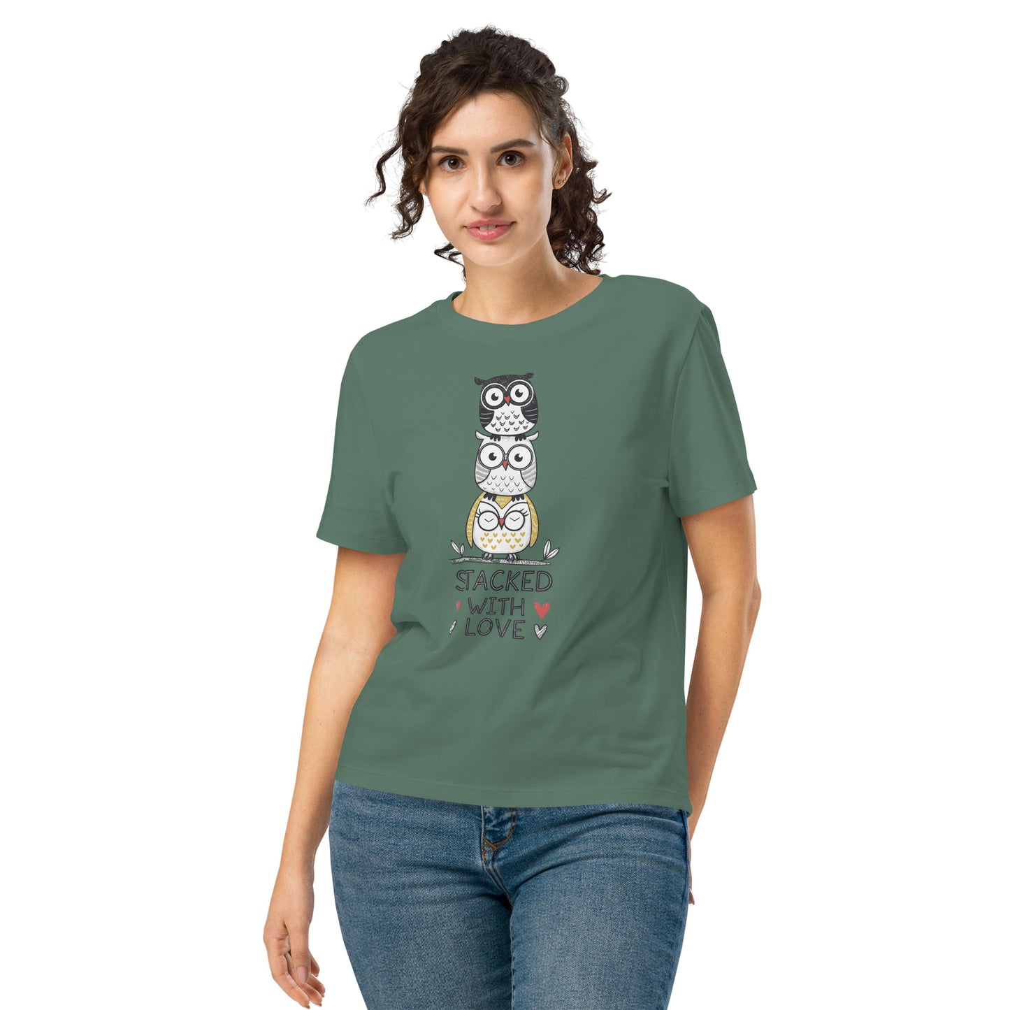 Women’s Organic Ribbed Neck T-Shirt: Stacked with Love | Owl-Themed Sustainable Fashion USA by Dudeily Green Bay Dudeily