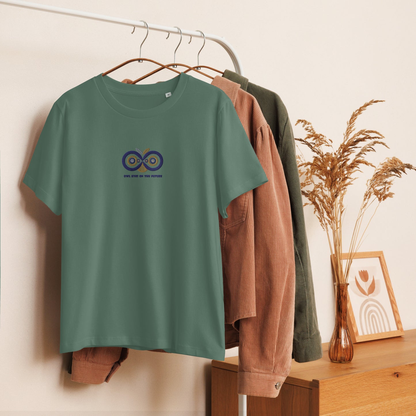 Embroidered Women’s Organic Ribbed Neck T-Shirt – Owl Eyes on the Future | Owl-Themed Sustainable Fashion USA Dudeily