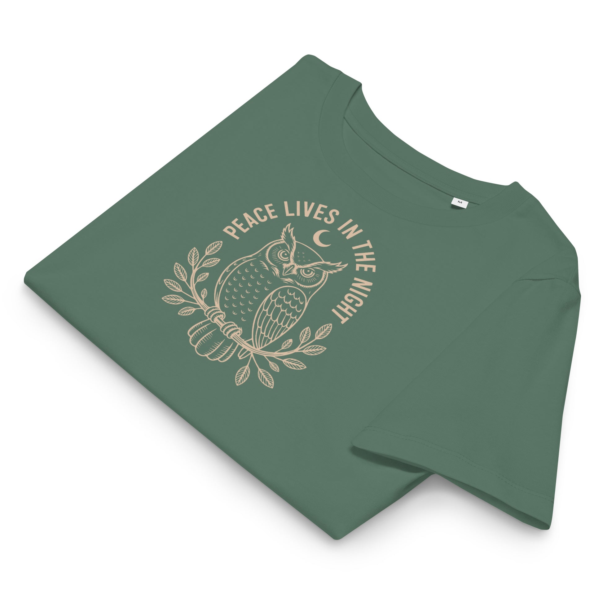 Women’s Organic Ribbed Neck T-Shirt: 'Peace in the Night' in Fall | Sustainable Owl Fashion USA Dudeily
