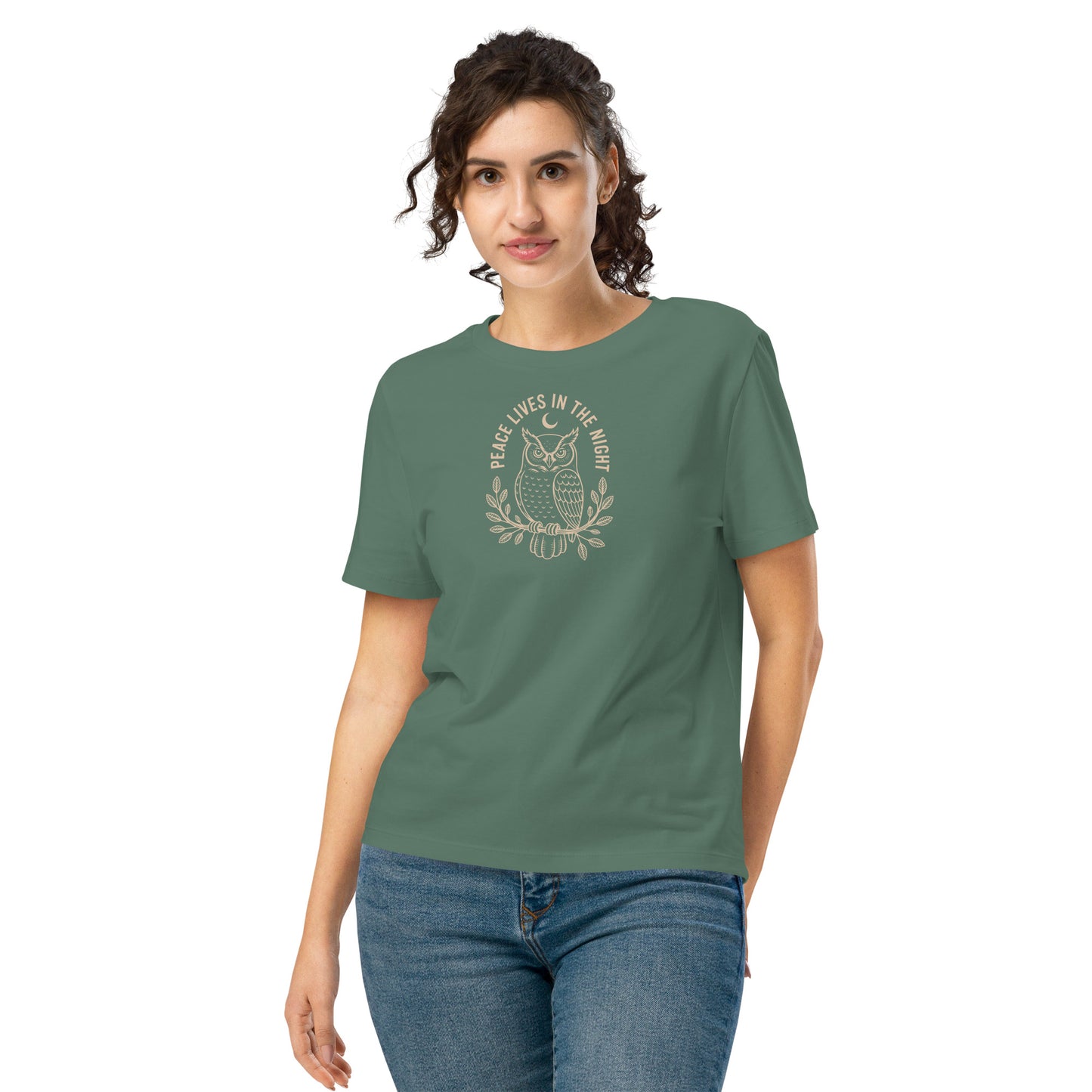 Women’s Organic Ribbed Neck T-Shirt: 'Peace in the Night' in Fall | Sustainable Owl Fashion USA Green Bay Dudeily
