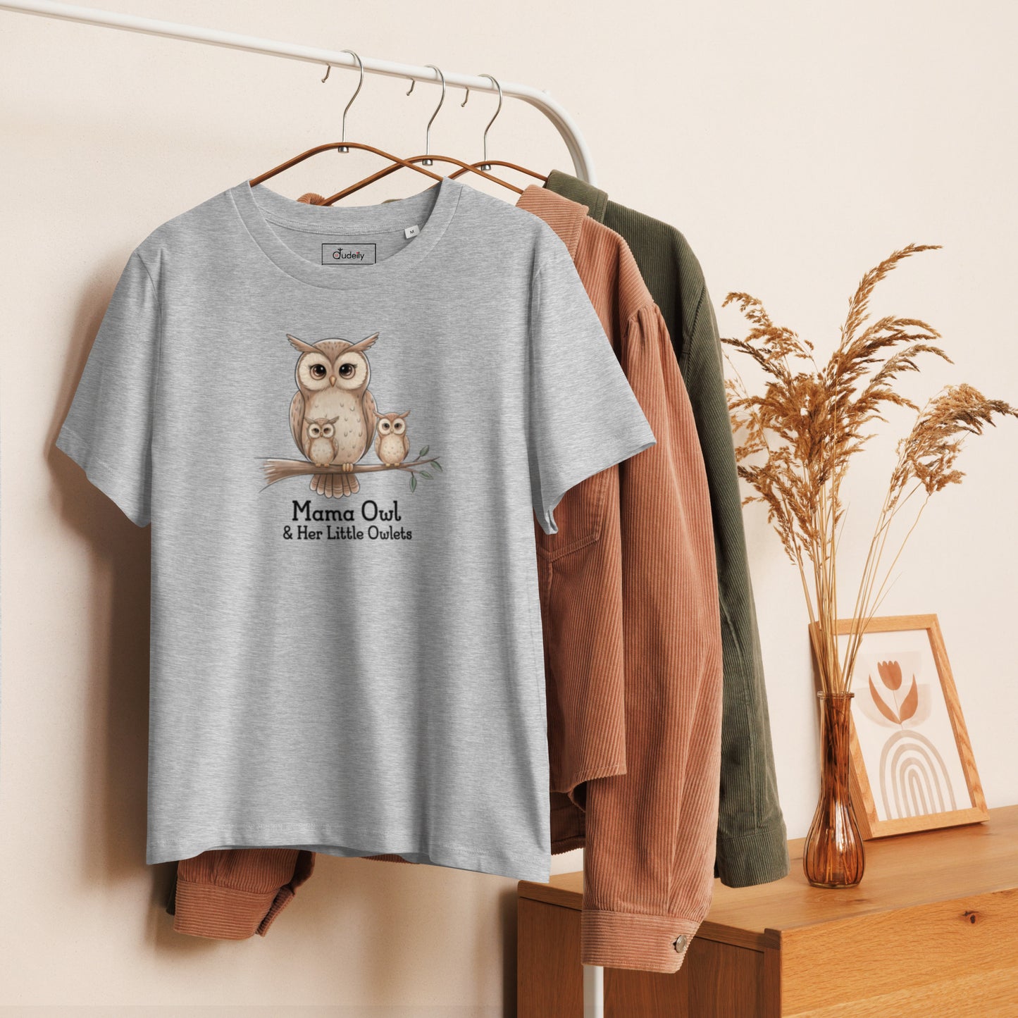 Women’s Organic Ribbed Neck T-Shirt – Sustainable Owl-Inspired Style by Dudeily Dudeily