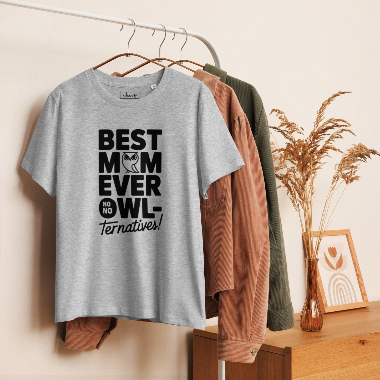 Women’s Organic Ribbed Neck T-Shirt – Owl Themed Eco-Friendly Tee for Nature & Animal Lovers Dudeily