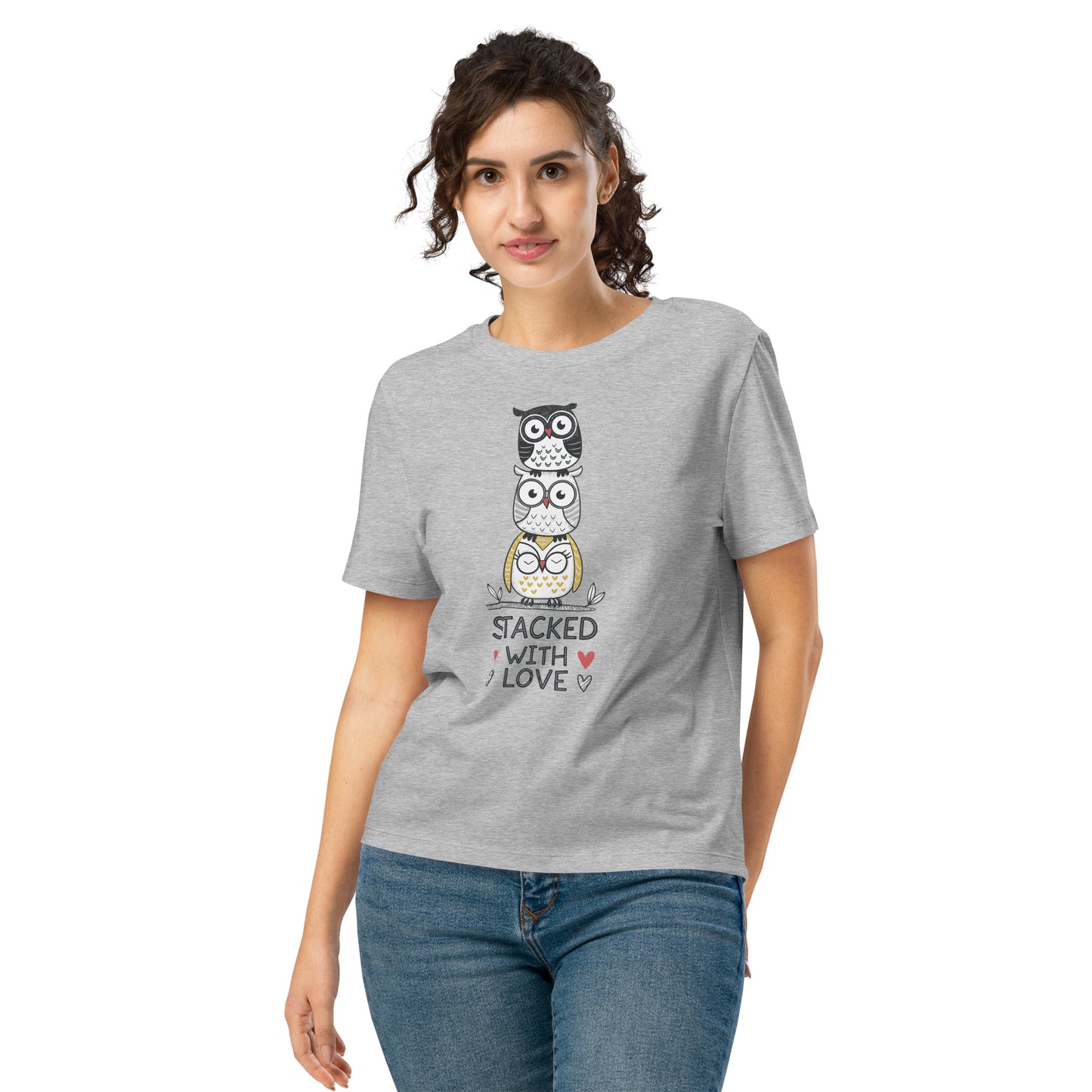 Women’s Organic Ribbed Neck T-Shirt: Stacked with Love | Owl-Themed Sustainable Fashion USA by Dudeily Heather Grey Dudeily