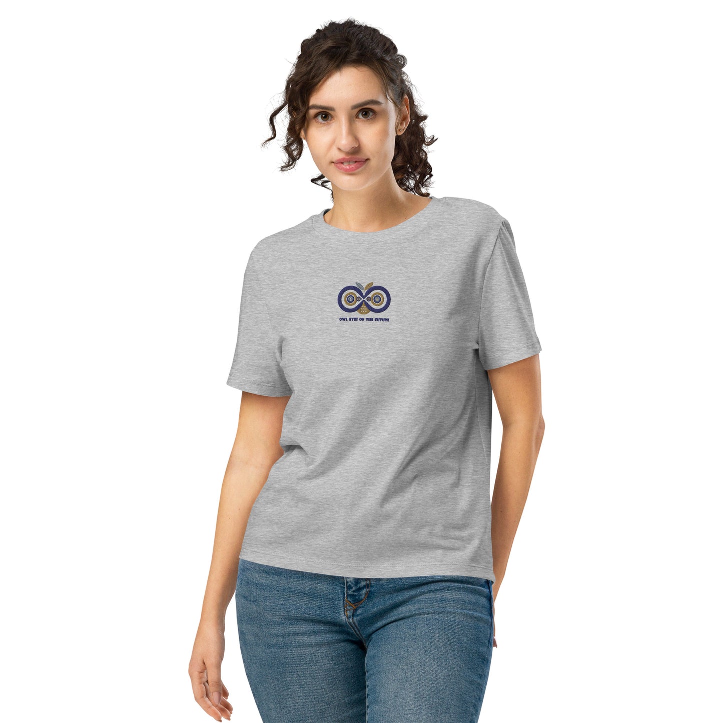 Embroidered Women’s Organic Ribbed Neck T-Shirt – Owl Eyes on the Future | Owl-Themed Sustainable Fashion USA Heather Grey Dudeily