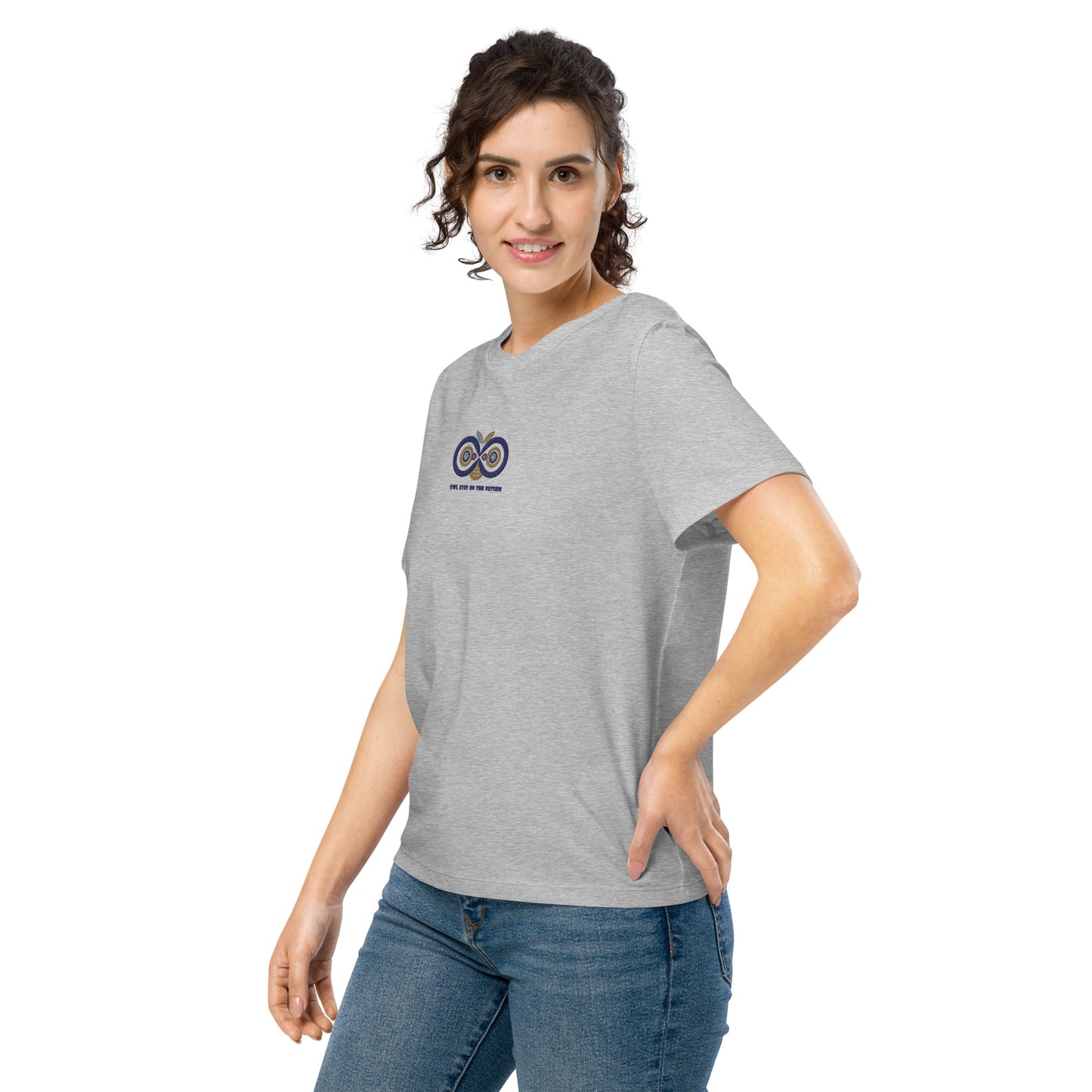Embroidered Women’s Organic Ribbed Neck T-Shirt – Owl Eyes on the Future | Owl-Themed Sustainable Fashion USA Dudeily