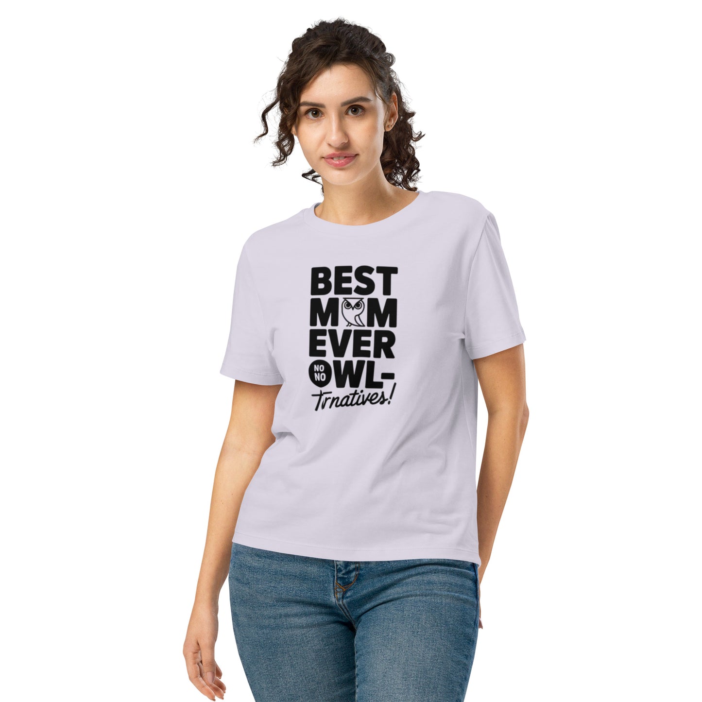 Women’s Organic Ribbed Neck T-Shirt – Owl Themed Eco-Friendly Tee for Nature & Animal Lovers Lavender Dudeily