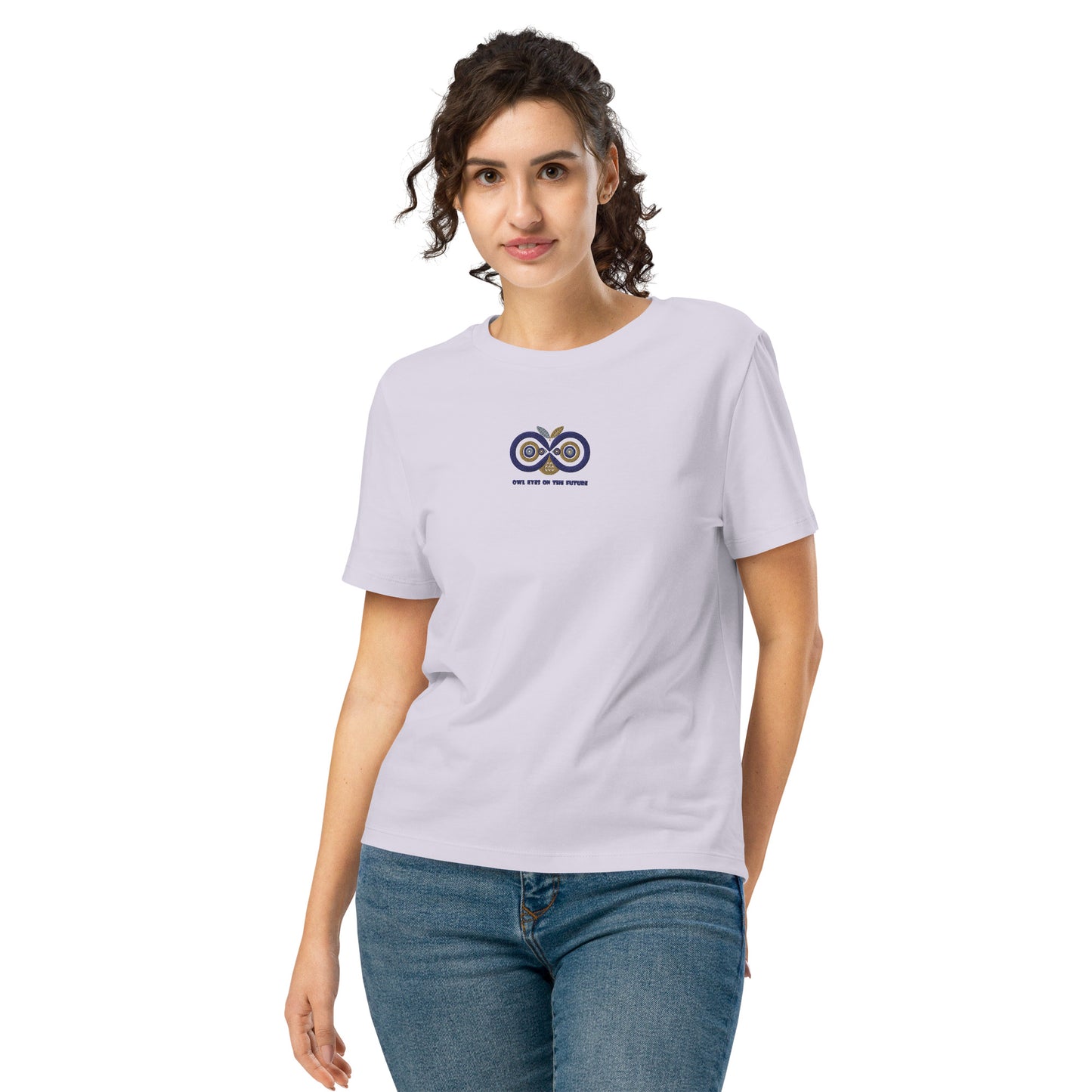 Embroidered Women’s Organic Ribbed Neck T-Shirt – Owl Eyes on the Future | Owl-Themed Sustainable Fashion USA Lavender Dudeily
