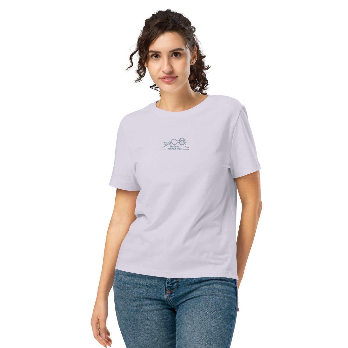 Women’s Organic Ribbed Neck T-Shirt: Nature Works Too | Owl Embroidered Sustainable Fashion USA Lavender Dudeily