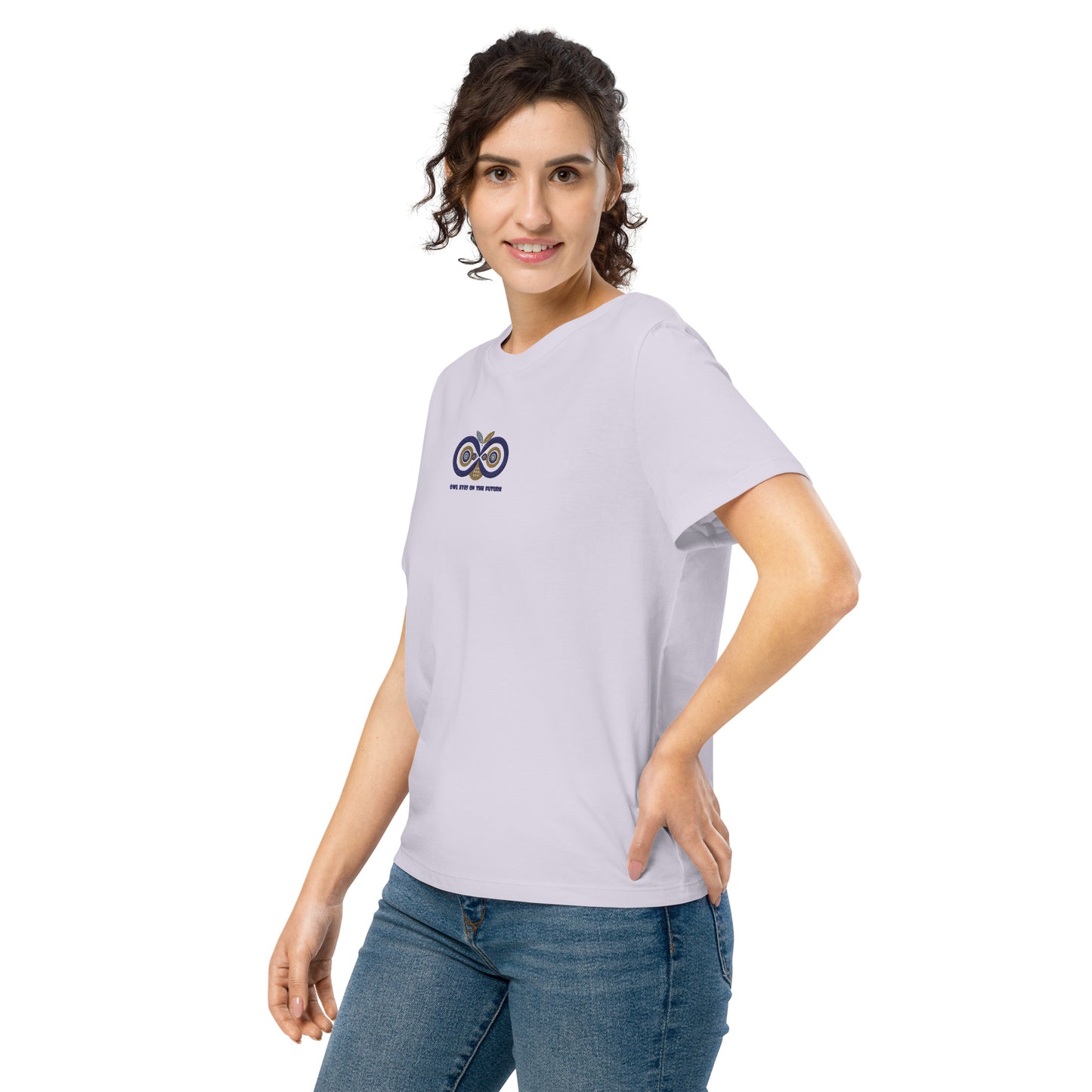 Embroidered Women’s Organic Ribbed Neck T-Shirt – Owl Eyes on the Future | Owl-Themed Sustainable Fashion USA Dudeily