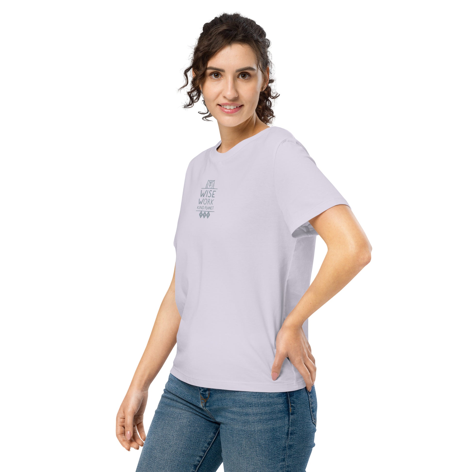 Women’s Organic Ribbed Neck T-Shirt: Wise Work, Kind Planet | Owl Embroidered Sustainable Fashion USA by Dudeily Dudeily