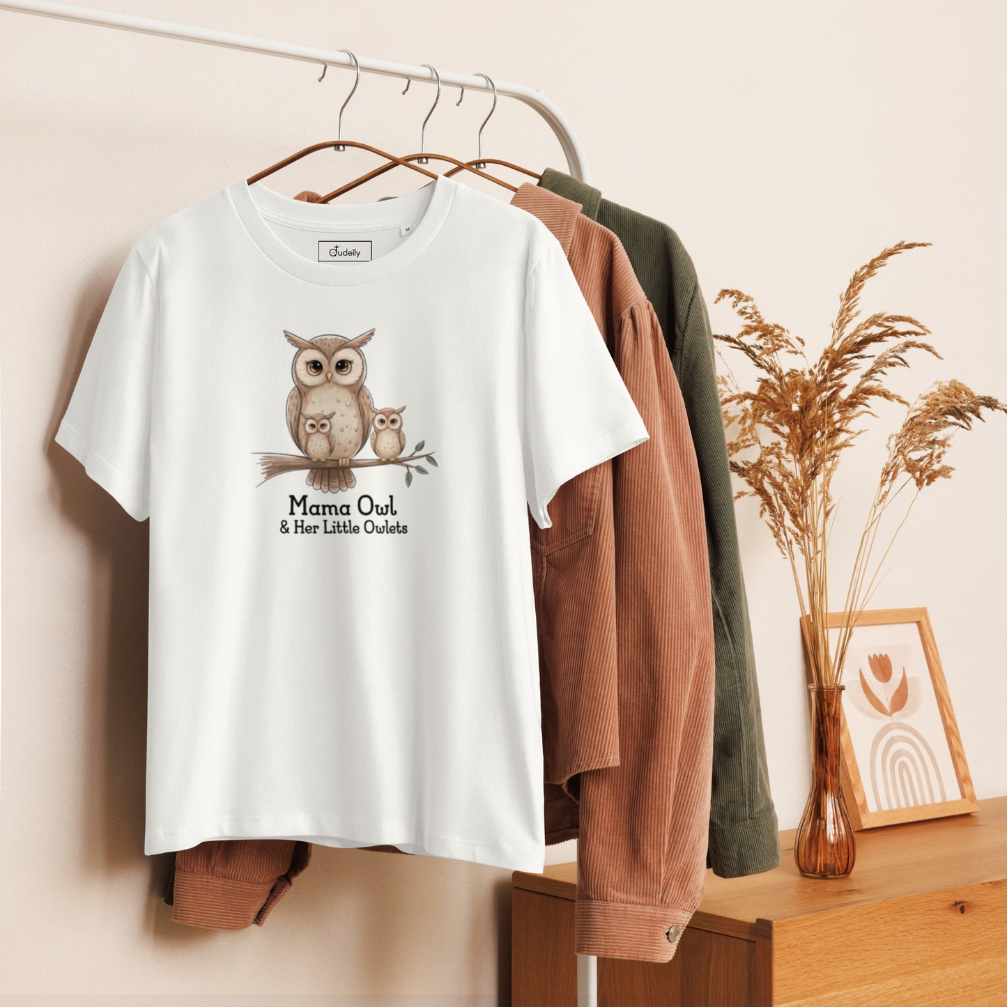 Women’s Organic Ribbed Neck T-Shirt – Sustainable Owl-Inspired Style by Dudeily Dudeily