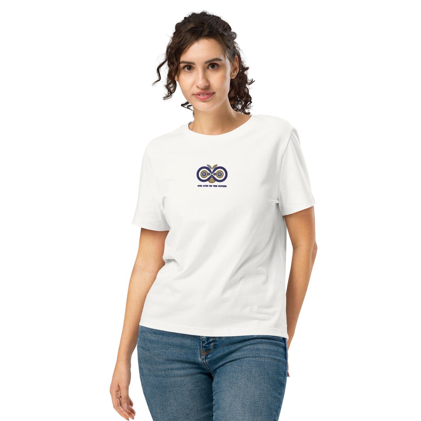 Embroidered Women’s Organic Ribbed Neck T-Shirt – Owl Eyes on the Future | Owl-Themed Sustainable Fashion USA Off White Dudeily