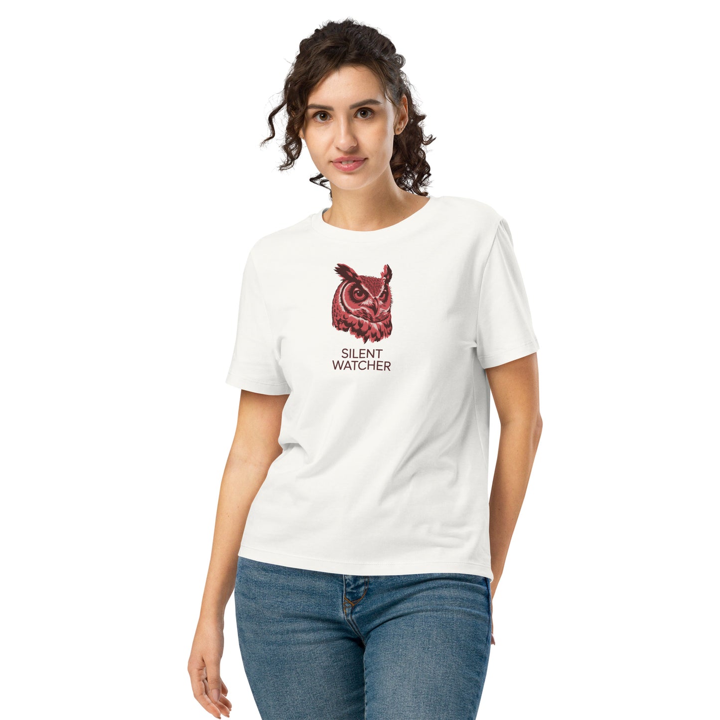 Women’s Organic Ribbed Neck T-Shirt: 'Silent Watcher' | Ethical Owl Clothing USA Off White Dudeily