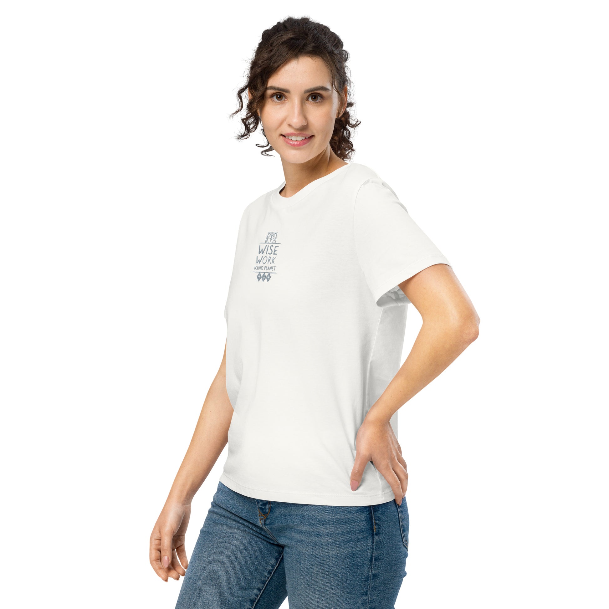 Women’s Organic Ribbed Neck T-Shirt: Wise Work, Kind Planet | Owl Embroidered Sustainable Fashion USA by Dudeily Dudeily