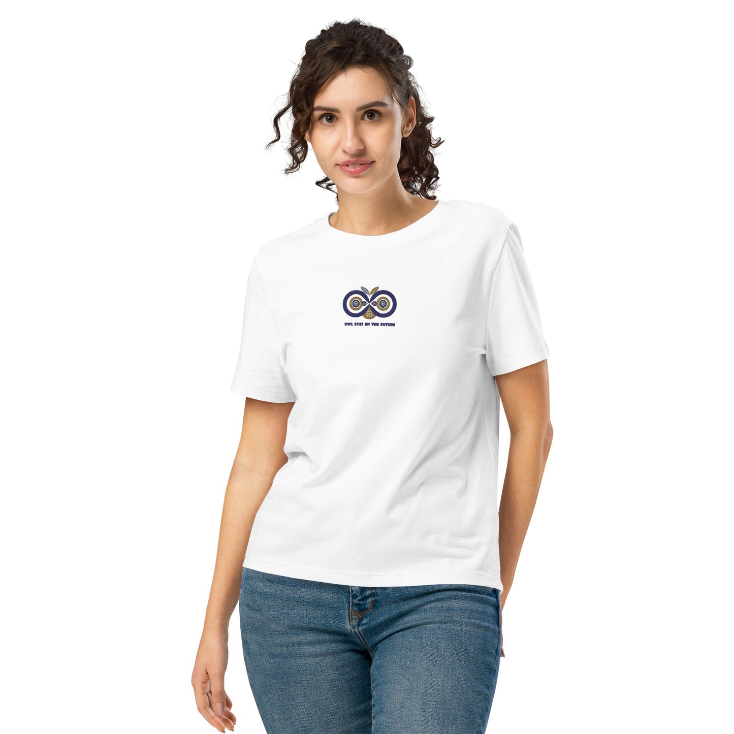Embroidered Women’s Organic Ribbed Neck T-Shirt – Owl Eyes on the Future | Owl-Themed Sustainable Fashion USA White Dudeily