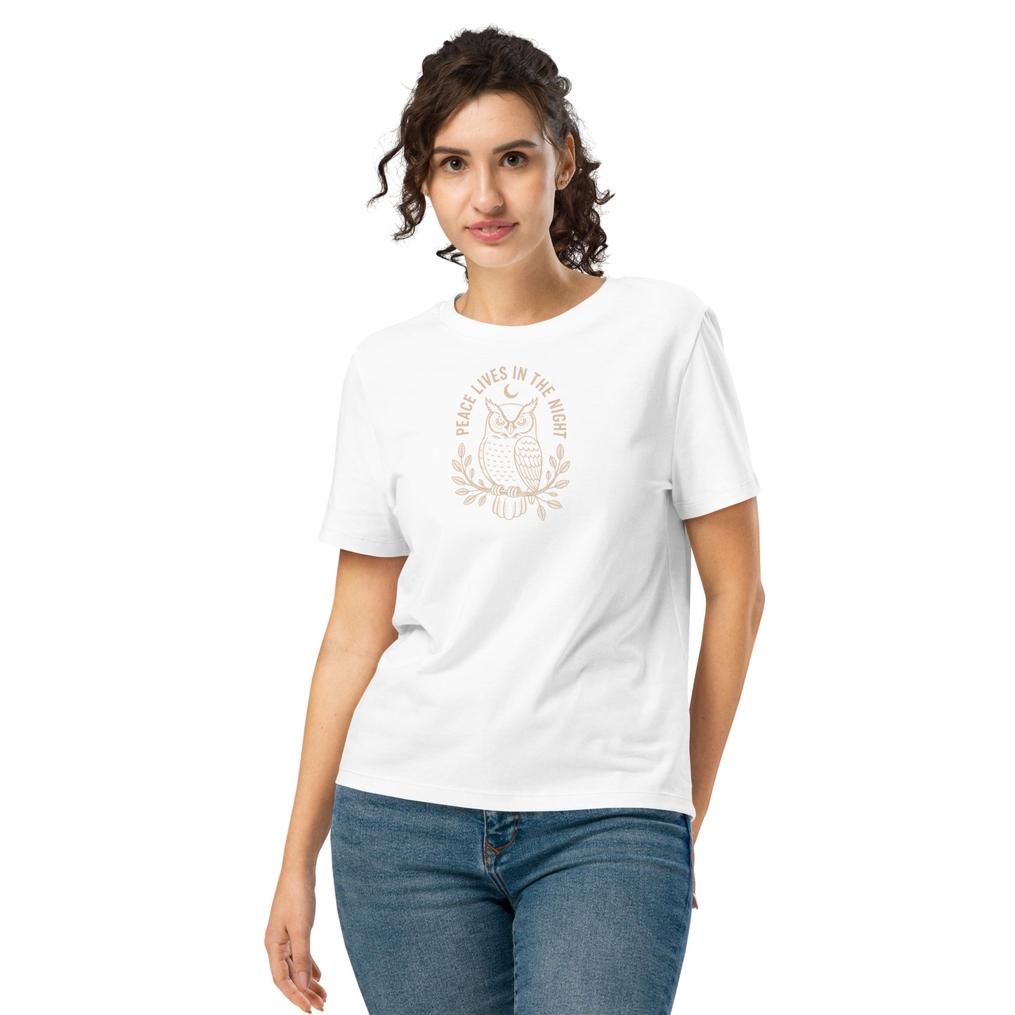 Women’s Organic Ribbed Neck T-Shirt: 'Peace in the Night' in Fall | Sustainable Owl Fashion USA White Dudeily