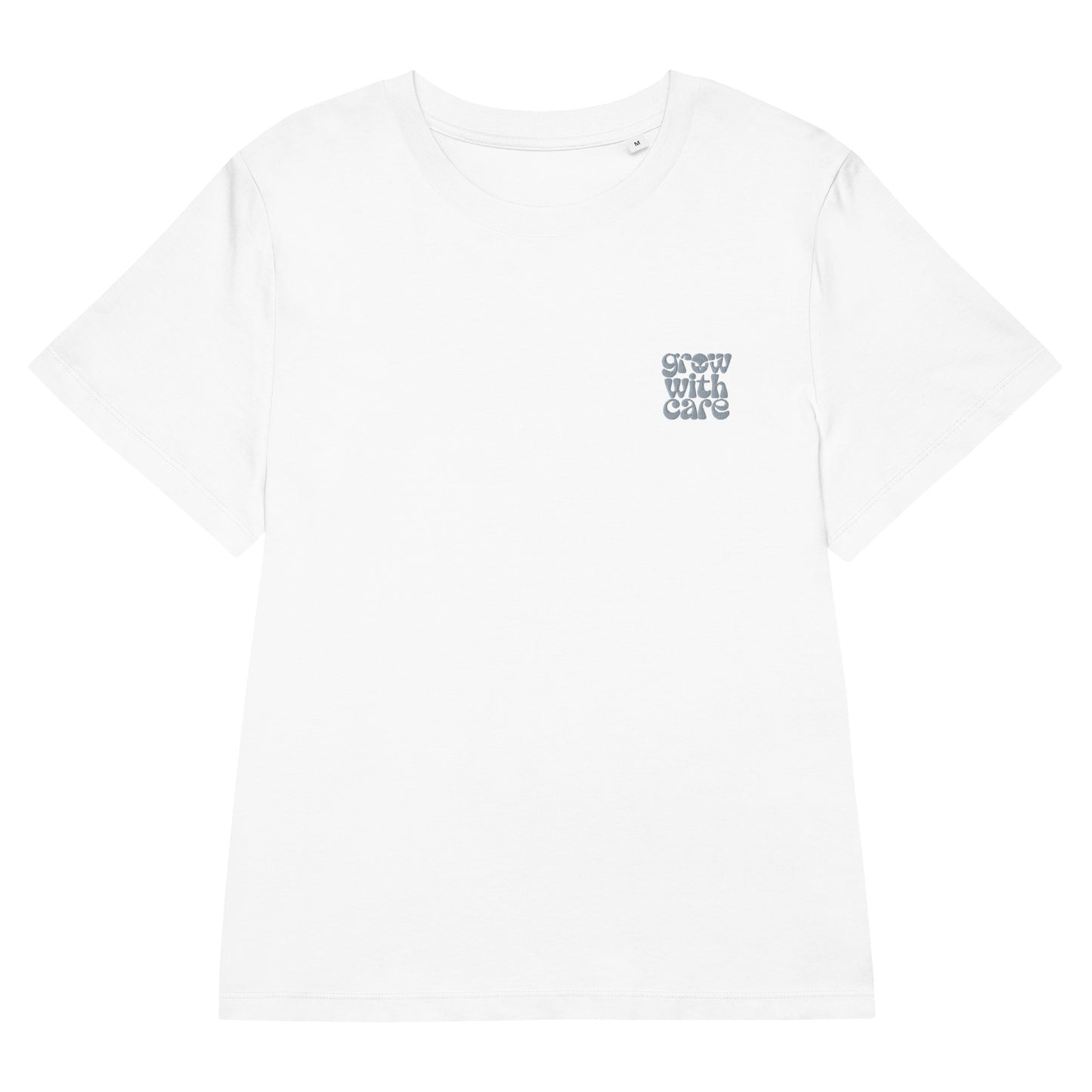 Eco-Friendly Owl Clothing Embroidered Women’s Organic Ribbed Neck T-Shirt "Grow With Care" White Dudeily