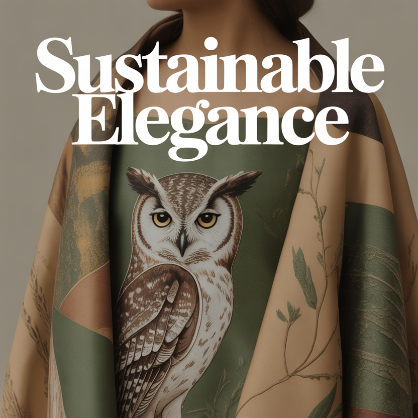 Elegant owl-inspired sustainable couture with embroidered textures and text “Sustainable Elegance: A Journey into Owl-Inspired Couture.”