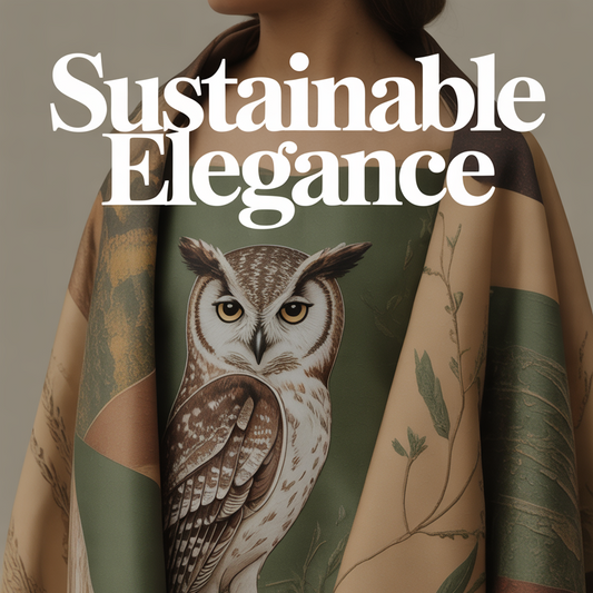 Elegant owl-inspired sustainable couture with embroidered textures and text “Sustainable Elegance: A Journey into Owl-Inspired Couture.”