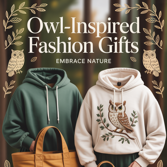 Eco-friendly owl-inspired fashion gifts displayed with natural textures. Text overlay: “Owl-Inspired Fashion Gifts – Embrace Nature.”
