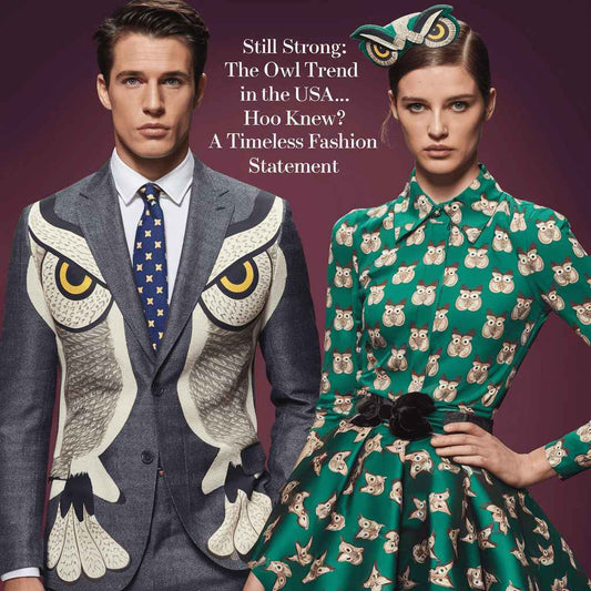 Fashion models wearing owl trend clothing featuring owl print suit and green owl patterned dress