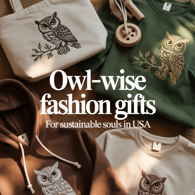 Owl-inspired sustainable fashion gifts including totes and organic hoodies with text: “Owl-Wise Fashion Gifts for Sustainable Souls in USA.”